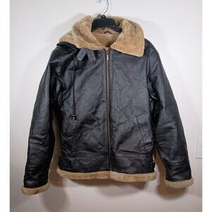 Wilda Heavy Womens Removeable Hood Fur Pockets Black Tan Leather Coat Size Small